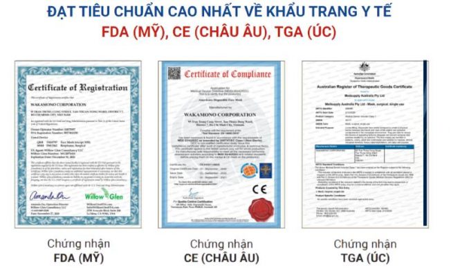 Khẩu trang wakamono đạt tiêu chuẩn FDA (Hoa Kỳ), CE (Châu ÂU) hay TGA (Úc)